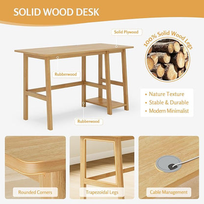 NELYE Solid Wood Computer Desk - 52" W x 24" D Modern Minimalist Table with Shelf，Sturdy Computer Workstation for Home Office, Oak