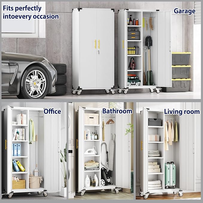 erosoei 71" Broom Storage Cabinet, Cleaning Tool Storage Cabinet, Garage Utility Storage with Hooks and Hanging Rods, Heavy Duty Garden Tool Organizer, for Home, Garage, Laundry Room, Gym, Workshop
