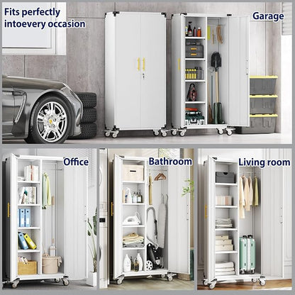 erosoei 71" Broom Storage Cabinet, Cleaning Tool Storage Cabinet, Garage Utility Storage with Hooks and Hanging Rods, Heavy Duty Garden Tool Organizer, for Home, Garage, Laundry Room, Gym, Workshop