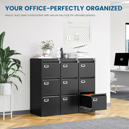 PEUKC 3-Drawer File Cabinet, 16.3" Deep Vertical Filing Cabinet with Lock, Metal File Cabinet for Home Office, Anti-Tip 3 Storage Drawers for Letter/Legal/A4/F4 Size, Assembly Required, Black
