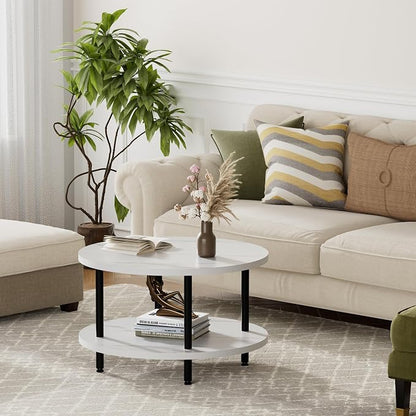 FAMIDGE Round Coffee Table, 23.6" Circle Coffee Table for Living Room, 2-Tier Wood Accent Center Table with Open Storage Industrial Design Home Furniture, White