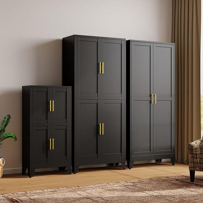 pozdeg Metal Storage Cabinet, 47.2" H Pantry Kitchen Storage Cabinets with 4 Doors and 2 Adjustable Shelves, Versatile Buffet Sideboards Cupboard for Home Office Garage or Gym (Black)
