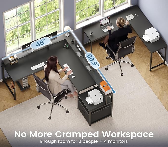 SEDETA 66" L Shaped Desk with Power Outlet, Reversible Home Office Computer Desk with File Drawer & Monitor Shelf, Storage Shelves, LED Lights for Corner Small Spaces, Black