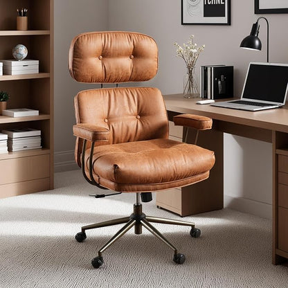 Home Office Chair,Ergonomic Computer Chair with Lumbar Support Adjustable Height,Mid-Century Modern Office Chair with Rolling Swivel Chair for Home Office Game Study(Suede Leather Chair,Light Brown)