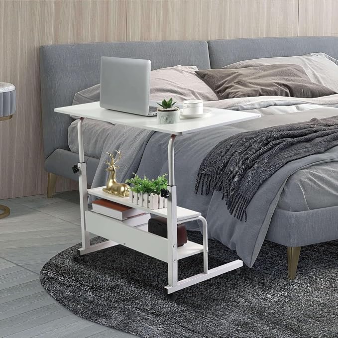 Adjustable Table Student Computer Portable Home Office Furniture Small Spaces Sofa Bedroom Bedside Desk Learn Play Game Desk on Wheels Movable with Storage Table Size 31.5 * 15.7 Inch,White D