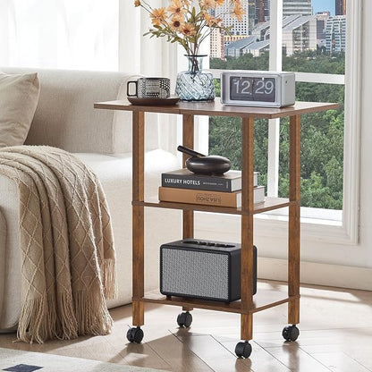 YUFAM 3 Tier Home Printer Stand with Storage, Wooden Mobile Printer Table Shelf, Rolling Printer Cart Shelf with Lockable Wheels fit Fax Machine, Scanner, Brown
