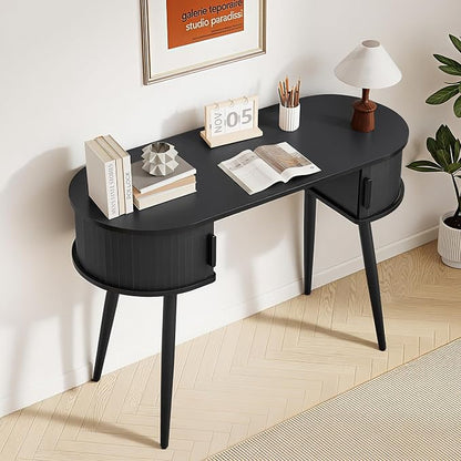 43" Mid-Century Writing Desk with Storage, Mid-Century Modern Home Office Wood Writing Desk for Bedroom, Small Table Compact Workstation for Living Room, Study (Black)