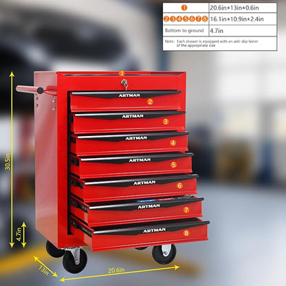 RYH 7 Drawers Rolling Tool Chest - Heavy Duty Mobile Tool Cart with Locking Wheels & Ball Bearing Drawers,30.5" H x 20.9" W x 13" D Garage Tool Storage Cabinet (Red, 7 Drawers)