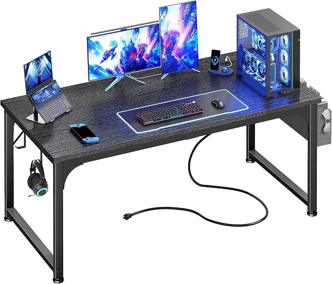 DurayLoly 55 x 24 inch Desk, 24mm Thick Heavy Duty Computer Desk with RGB LED & Power Outlets, Gaming Desk with Detachable Stand, 150LBS Load Capacity, Work Gaming Desk for Home Office, White