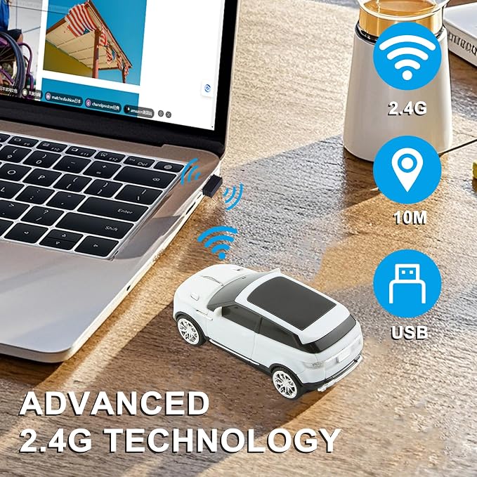 CHUYI Cool SUV Car Shaped Wireless Mouse 1600 DPI Optical Cordless Mice with USB Receiver for Office School Travel for PC Computer Laptop Gift (White-1 Pack)