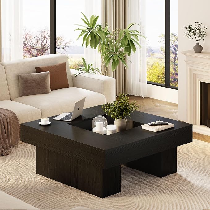 LVB Black Coffee Table, Modern Wood Led Living Room Table with Storage, Unique Large Wide Square Center Table with LED Light, Contemporary Low Tea Table for Bedroom Home Office, 39.37 Inch, Black Oak