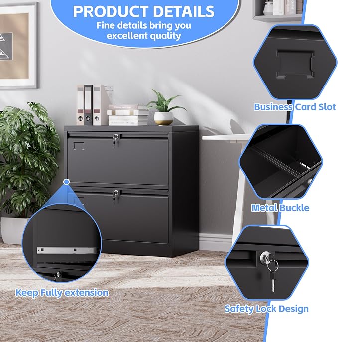 Aobabo 2 Drawer Lateral File Cabinet with 2 Independent Locks, Metal Filing Storage for Home Office, 15.75" D x 28.82" W x 30.24" H,Black,Assembly Required
