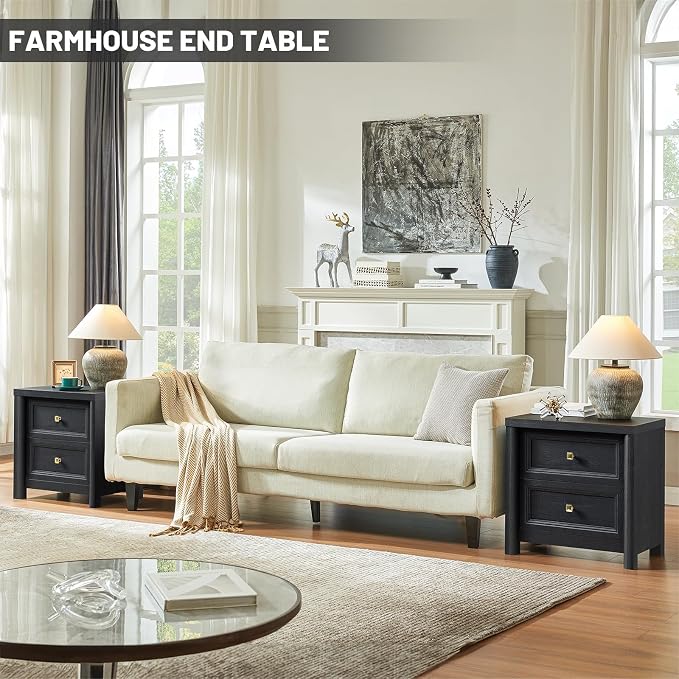 Black Nightstand Set of 2, Farmhouse Night Stand Set 2, Black and Gold Nightstand with 2 Drawers, Wood Bed Side Table for Bedroom, 23.3” Tall Nightstand with Gold Knob, Wooden End Table Sofa Couch
