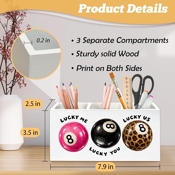 Trendy Retro 8 Ball Pen Holder Organizer for Desk Accessories, Girly Office Decor, Funky Preppy Y2K Lucky Me Lucky 8 Ball Wooden Box Sign Desk Decorations for Girls Room Bedroom Dorm Decor