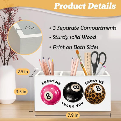 Trendy Retro 8 Ball Pen Holder Organizer for Desk Accessories, Girly Office Decor, Funky Preppy Y2K Lucky Me Lucky 8 Ball Wooden Box Sign Desk Decorations for Girls Room Bedroom Dorm Decor