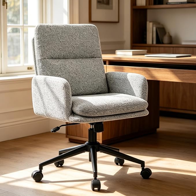 Comfortable Ergonomic Office Chair, Upholstered Desk Chair with Double-Layer Cushioning, Adjustable Height Swivel Task Chair with Padded Armrests, Rolling Wheels and Metal Base, Light Grey