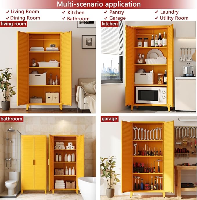 61" Tall Metal Pantry Cabinet with Lock and 3 Adjustable Shelves,Freestanding Heavy Duty Steel Storage Locker,Yellow Metal Cabinets for Kitchen,Living Room,Home 61" H X 27.6" W X 13.8" D