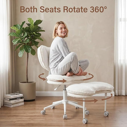 Cross Legged Office Chair with Wheels, 360 Swivel Height-Adjustable Double-Layer Padding Criss Cross Meditation Chair with Lumbar Support, Artificial Rabbit Hair Fabric, Ivory