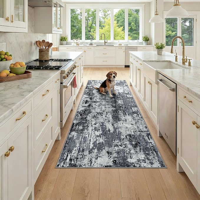 RELEANY Washable Area Rugs 3x7 Non-Slip Modern Abstract Soft for Living Room Entryway Bedroom Kitchen, Print Pattern, Black Navy Blue Gray