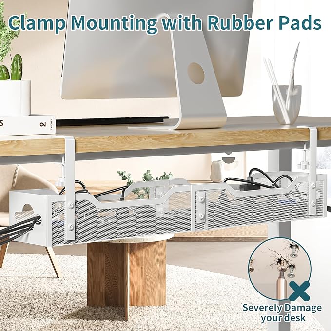 Under Desk Cable Management Tray White, Litwaro Cable Management Under Desk No Drill, 25'' Cable Tray with Clamp for Wire Management, Cord Organizer for Office, Home - No Damage to Table
