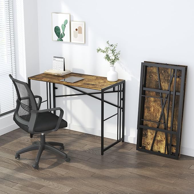 Lutown-Teen 35 inch Small Folding Computer Desk, Writing Gaming Computer Desk for Small Spaces, No Assembly Required Home Office Tale, Rustic Brown
