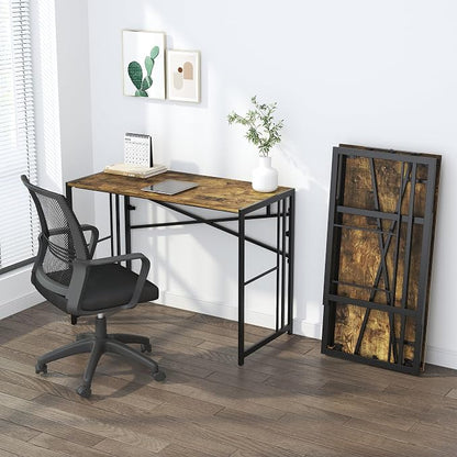 Lutown-Teen 35 inch Small Folding Computer Desk, Writing Gaming Computer Desk for Small Spaces, No Assembly Required Home Office Tale, Rustic Brown