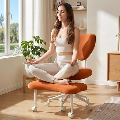 Cross Legged Office Chair with Wheels, 360 Swivel Height-Adjustable Meditation Chair with Lumbar Support, Orange