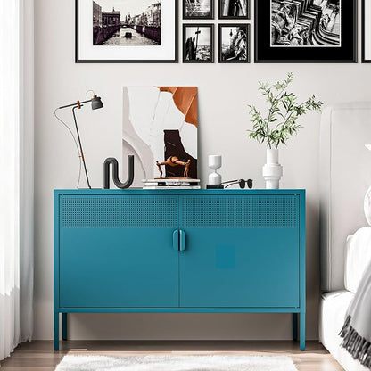 Washsemba 2 Door Storage Sideboard, Metal Storage Cabinet with 2 Adjustable Shelf,Multipurpose Metal Accent Cabinet for Office Home,Music Studio (Peacock Blue, 25''H)
