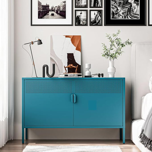 Washsemba 2 Door Storage Sideboard, Metal Storage Cabinet with 2 Adjustable Shelf,Multipurpose Metal Accent Cabinet for Office Home,Music Studio (Peacock Blue, 25''H)