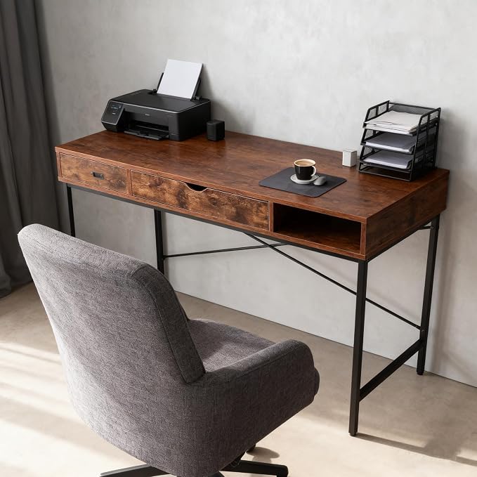 JJS 48' Writing Desk with Power Outlet, Home Office Contemporary Large Computer Desk Laptop Workstation with Drawer USB Ports Charging Station, Rustic Brown