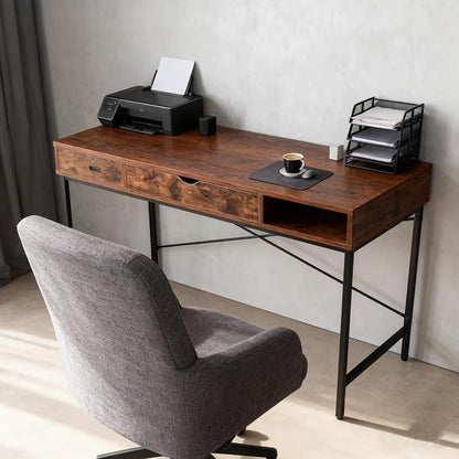 JJS 48' Writing Desk with Power Outlet, Home Office Contemporary Large Computer Desk Laptop Workstation with Drawer USB Ports Charging Station, Rustic Brown