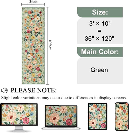 DUKINO 3x10 Runner Rug for Hallway, Washable Kitchen Floral Runner Rug with Non Slip Backing, Low Pile Soft Boho Carpet for Kitchen, Hallway, Entryway, Laundry, Bedroom, Green