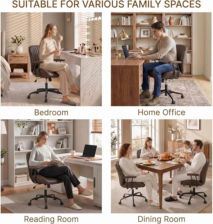 KISLOT Ergonomic Home Office Chair with Removable Arms, Adjustable Swivel Desk Chair with Wheels, Modern Faux Leather Computer Chair with Lumbar Support, Set of 2, Espresso