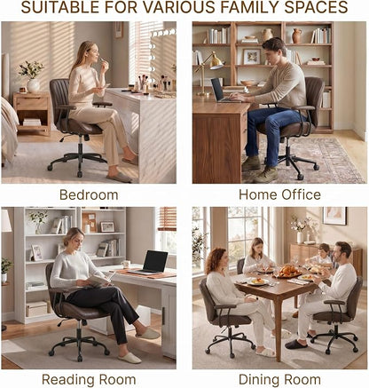 KISLOT Ergonomic Home Office Chair with Removable Arms, Adjustable Swivel Desk Chair with Wheels, Modern Faux Leather Computer Chair with Lumbar Support, Set of 2, Espresso