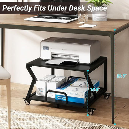 Natwind 2 Tier Printer Stand,23.6''x23.6'',with Pull Out Shelf,Black | Easy Reach for Lower Shelf Items,Rolling Printer Cart with Wheels,Fits Under Desk,Supports 205lbs,for Home Office Kitchen