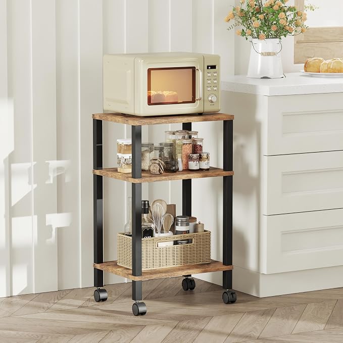 3-Tier Printer Stand with Storage, Mobile Printer Cart with Rolling Casters & Adjustable Feet, Under Desk Storage Shelf for Home Office, Small Printers,Rustic Brown, 15.7" x 11.8" x 25.9"