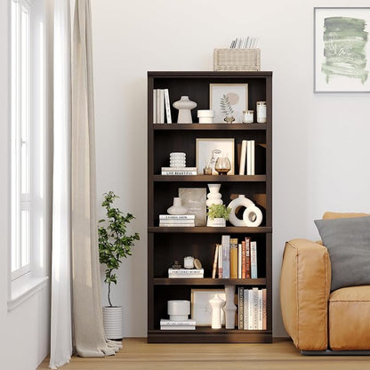 blini 5-Shelf Tall Bookcase Wooden Bookshelves 33in Wide Floor Standing Display Storage Book Shelves 70 in Dark Cherry Bookcase for Home Office, Living Room, Bed Room
