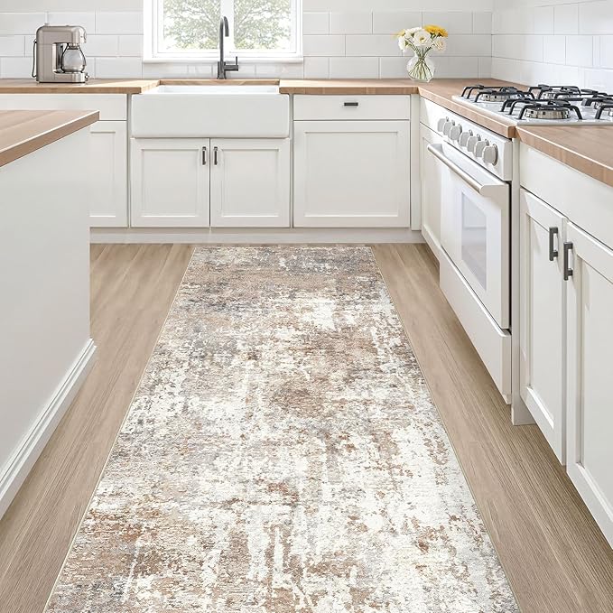 Runner Rug Kitchen Washable Rugs: 2x5 Non-Slip Abstract Soft Modern Stain Resistant Indoor Floor Neutral Accent Throw Carpet for Hallway Bathroom Laundry Room Entryway Bedroom- Brown