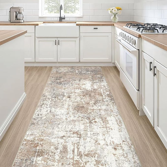 Runner Rug Kitchen Washable Rugs: 2x5 Non-Slip Abstract Soft Modern Stain Resistant Indoor Floor Neutral Accent Throw Carpet for Hallway Bathroom Laundry Room Entryway Bedroom- Brown