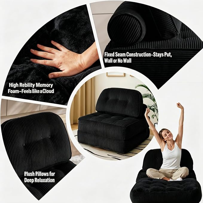 Folding Sofa Bed, Flannel Futon Couch Bed with Pillow and Blanket, Convertible Sleeper Chair for Living Room Bedroom (Two Black)