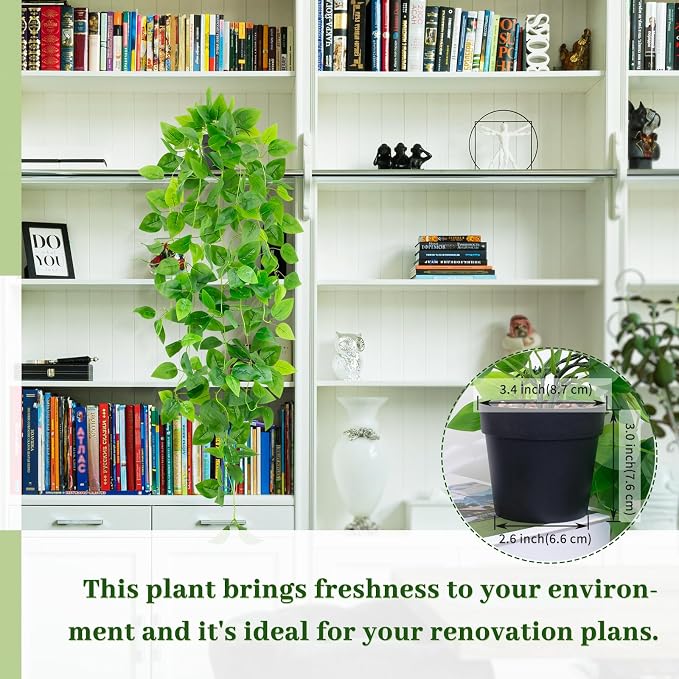 Artificial Hanging Plants with Black Pot, 39.37" Faux Pothos Trailing Vines, Potted Fake Greenery Indoor for Home Bathroom Bedroom Wall Shelf Decor