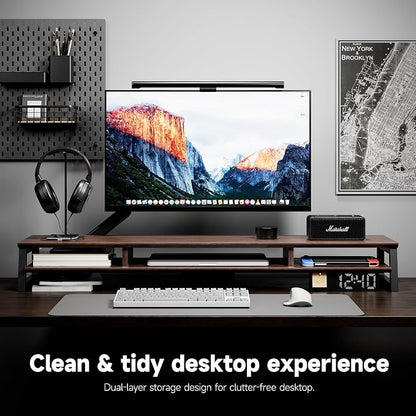 Dual Monitor Stand Riser for Desk, 41.7 Inch Large 2 Tier Computer Monitor Stand for 2 Monitors, Desktop Storage Organizer Shelf with Keyboard Space for Laptop PC Printer Brown