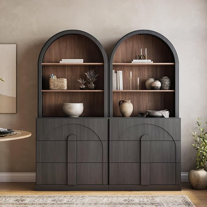BELLEZE Set of 2 71" Tall Storage Cabinet with 3 Drawers, Wooden Sideboard Buffet Cabinet with Hutch for Pantry and Kitchen Organizing, 5-Tier Modern Storage Unit for Living Room Home Office, Ebony
