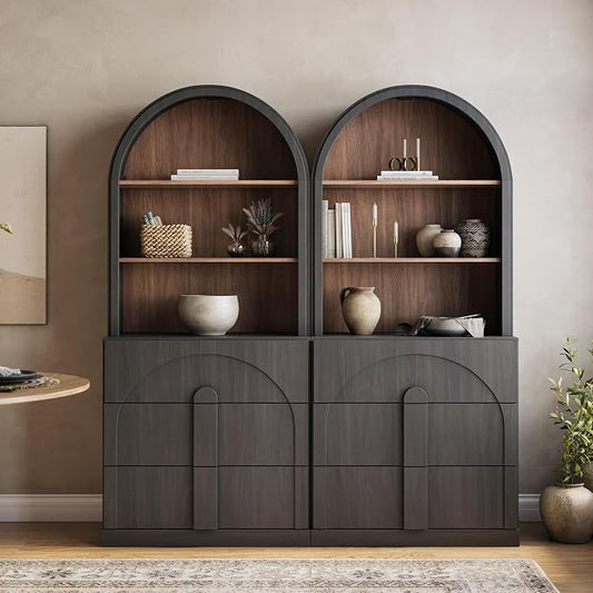BELLEZE Set of 2 71" Tall Storage Cabinet with 3 Drawers, Wooden Sideboard Buffet Cabinet with Hutch for Pantry and Kitchen Organizing, 5-Tier Modern Storage Unit for Living Room Home Office, Ebony