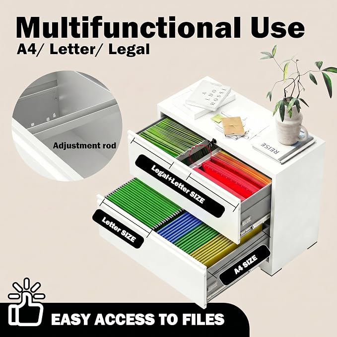 Lateral File Cabinet with Lock, 2 Drawer Filing Cabinet, Metal File Cabinets for Home Office, Steel Heavy-Duty Filing Storage Cabinet for Letters/Legal/A4 (Require Assembly, White)