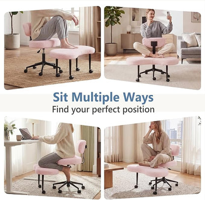 DUMOS Ergonomic ADHD Meditation Office Desk Chair with Adjustable Backrest, Cross Legged Chair Height Adjustable with 360° Swivel Footstool, Yoga Stool for Home Office, Teddy Fabric Pink