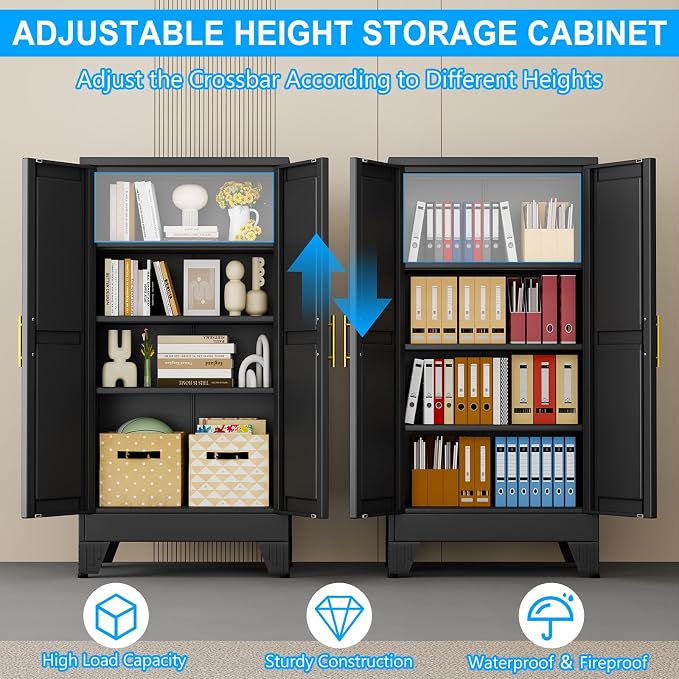 pozdeg 47.24" Tall Metal Storage Cabinet with 2 Doors & 3 Adjustable Shelves, Steel File Cabinet Multipurpose Organizer for Home Office Garage (Black)