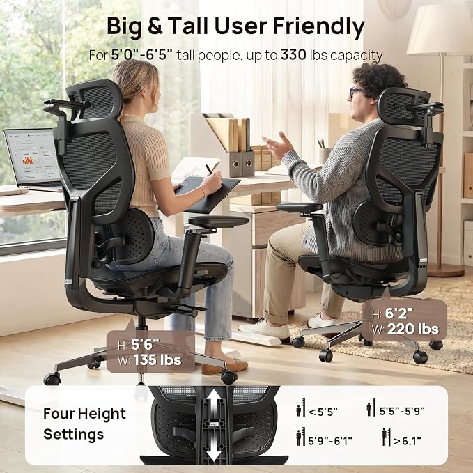 Ergonomic Office Chair with Adaptive Dual-Wing Lumbar Support - Over 10 Hours Sitting Comfortable Mesh Big and Tall Home Desk Chair, 4D Headrest, 630° Armrst, Seat Depth Adjustable