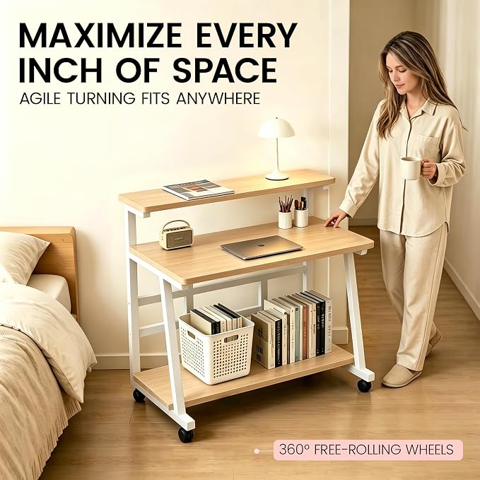 47.2 Inch Compact Rolling Computer Desk with Tier Worktable & Lockable Wheels, Small Computer Desk, Small Desk for Bedroom, Mobile Writing Workstation Easy Assembly for Home Office Small Spaces
