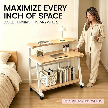 47.2 Inch Compact Rolling Computer Desk with Tier Worktable & Lockable Wheels, Small Computer Desk, Small Desk for Bedroom, Mobile Writing Workstation Easy Assembly for Home Office Small Spaces